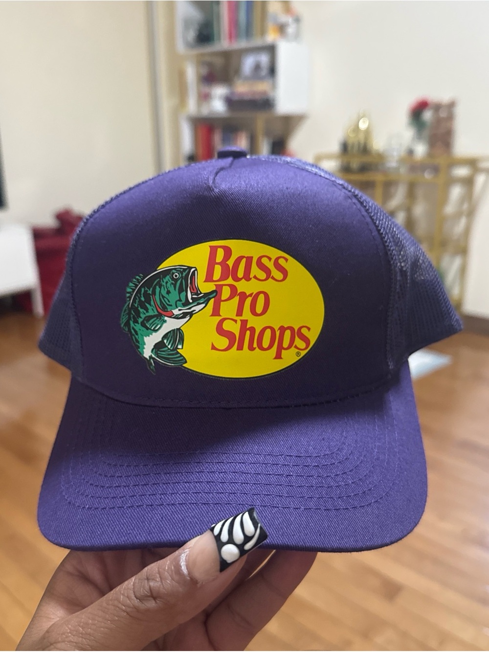 Bass Pro Shops Purple Hat with Yellow Logo and Green Fish